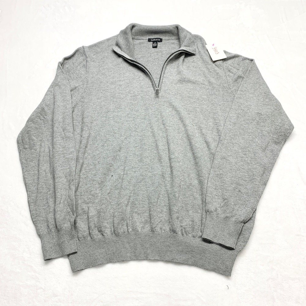 Van Heusen Quarter Zip Pullover Sweater Mens Size L Gray Mock Neck Cotton Blend